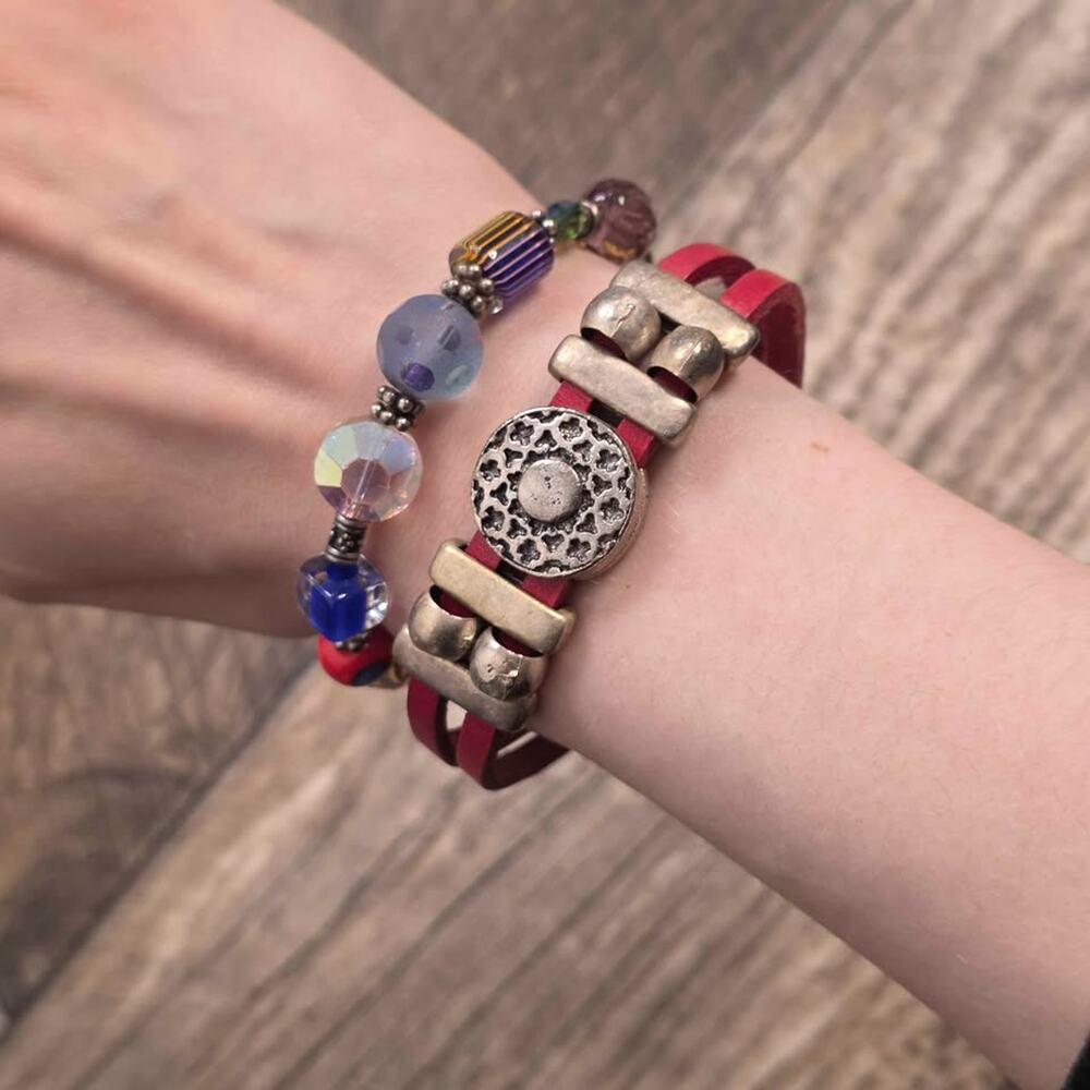 Boho Beaded Bracelet Red Leather Cuff Artisan Y2K Set